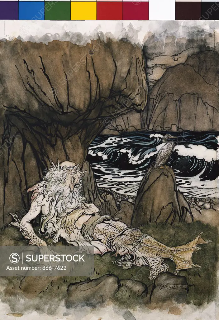 A Crowned 'Merman' A Sea God Sleeping On A Rocky Shore. Arthur Rackham (1867-1939). Pen And Brush And Black Ink, Watercolor.