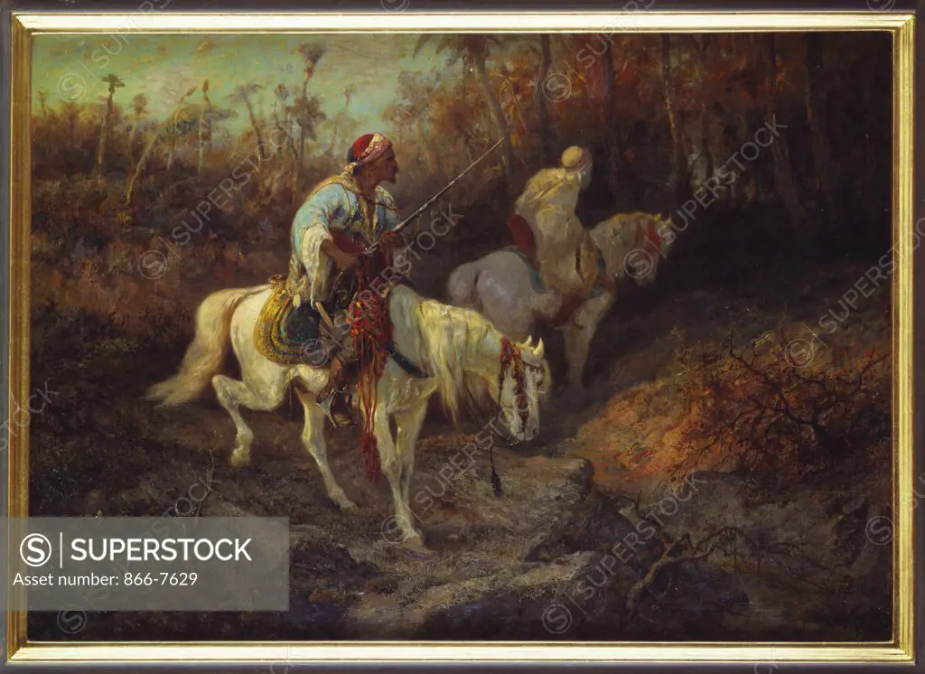 Arab Horsemen At The Edge Of A Wood. Adolf Schreyer (1828-1899). oil on canvas, 21 1/2 X 31 1/2in.