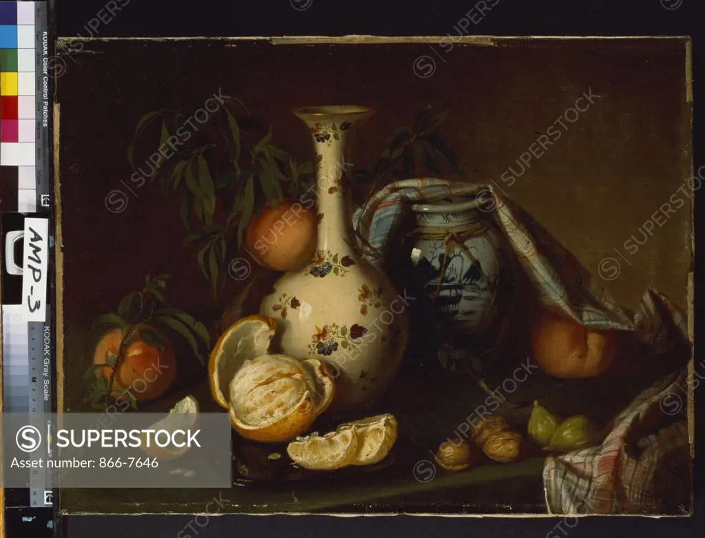 Still life with vase, fruit and nuts. Joseph Biays Ord (1805-1865). Dated 1843, oil on canvas, 45.7 x 61cm.