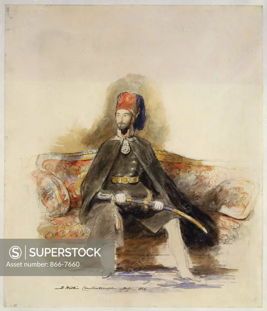 Portrait of Abu-ul-mejid Sultan of Turkey seated full length in military dress wearing the Order of Glory holding a ceremonial sword and sitting on a red damask sofa. Sir David Wilkie, R.A. (1785-1841). Pencil, black and red chalk and watercolour heightened with white and gold bodycolour on stone-coloured paper, 15 1/8 x 13in.
