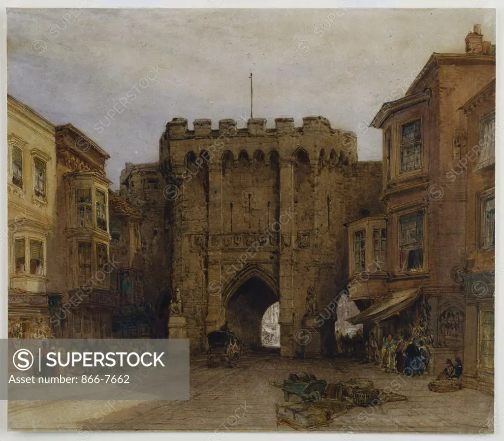 The Bar Gate, Southampton.  William Callow (1812-1908). Dated 1888, watercolour heightened with gum arabic on oatmeal paper, 15 1/2 x 17 3/4in.