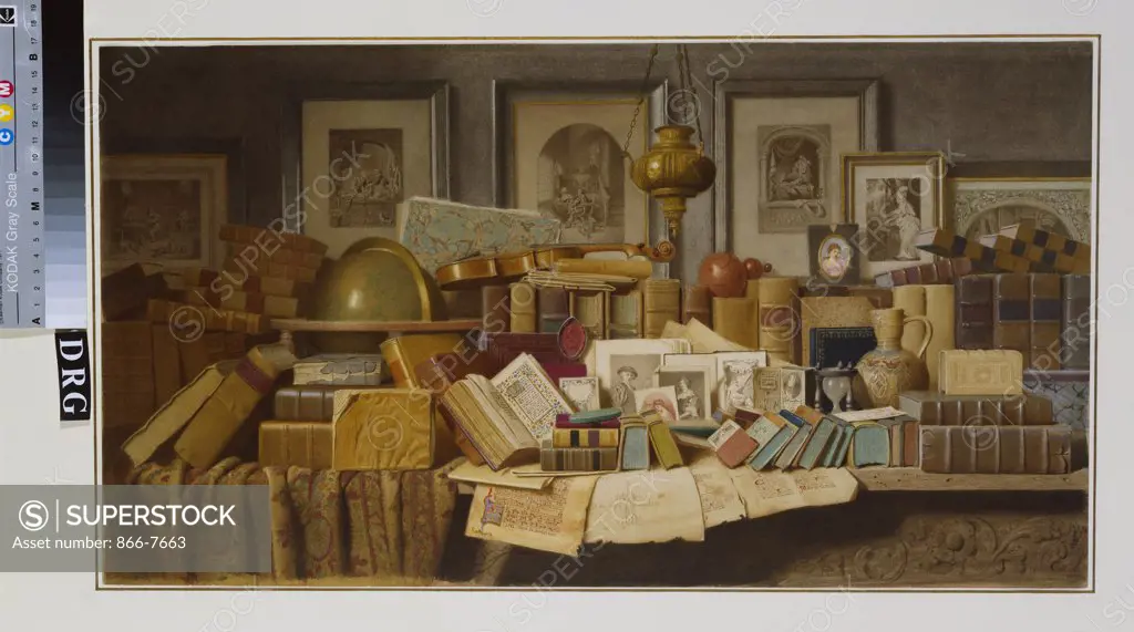 A Connoisseur's Corner.  Benjamin Walter Spiers (op.1875-1893). Pencil & watercolour with touches of white heightening, 331 x 600mm.