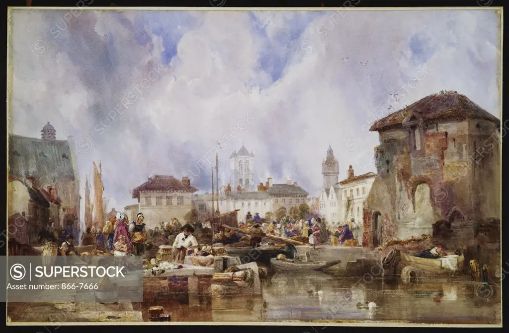The market on the quay, Bruges. Samuel Austin (1796-1834). Watercolour, 12 7/8 x 20 1/8in.