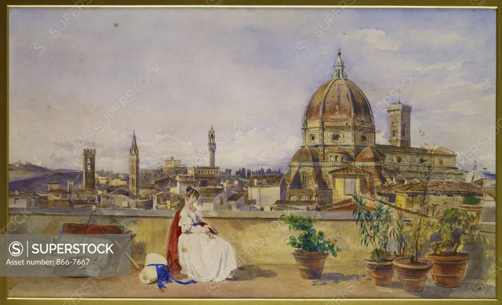 A terrace overlooking Florence from the Via di Servi. Thomas Hartley Cromek (1809-1873). Watercolour, 12 x 20in.