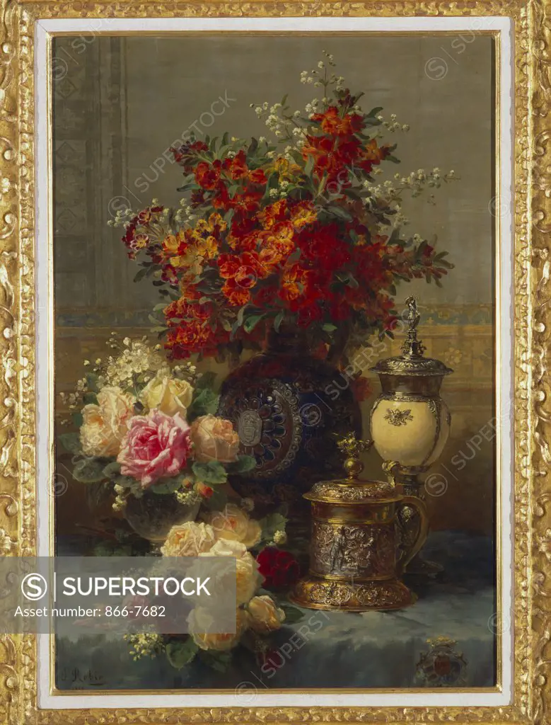 Roses, Anemones And Peonies, Strawberries, A Silver-Gilt Ostrich Egg Cup And A German Gold-Gilt Tankard On A Draped Table. Jean-Baptiste Robie (1821-1910). Oil On Panel 85.7 X 58.7cm., Painted In 1880.