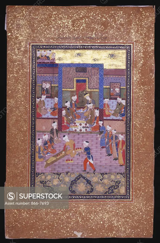 Yusuf Entertained. Shiraz, circa 1580. Miniature, gouache heightened with gold on paper, 22.3 x 15.8cm.