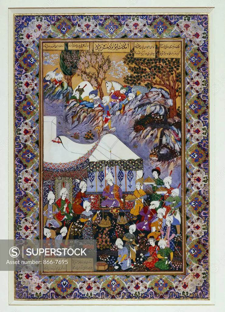 Shapur approaches Khusrau Parviz. Persia, circa 1930. Gouache heightened with gold on paper, miniature, 31.8 x 19cm.