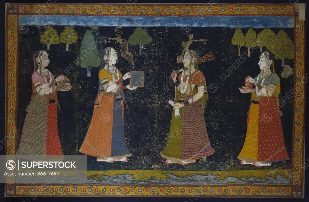 Four ladies bearing gifts. Bikaner, early eighteenth century, 230 x 165cm.