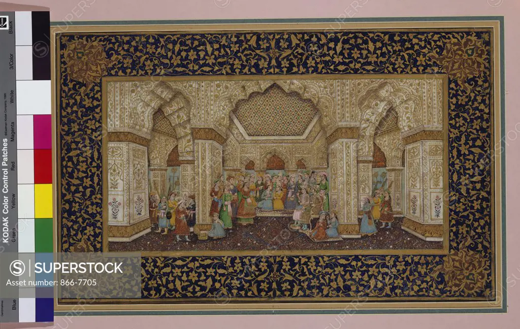 Mughal palace interior depicting Shah Jahan and Mumtaz Mahal. Gouache heightened with gold on paper. Company school, Delhi, circa 1840, 49.5 x 31cm.