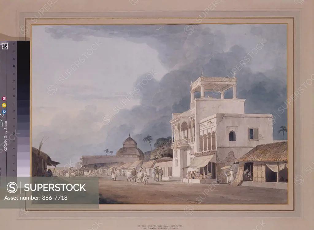 View on the Chitpur Road, Calcutta. Thomas Daniell, R.A. (1749-1840) and William Daniell, R.A. (1769-1837). Pencil, pen and brown ink  and watercolour, within a black-lined border, on the artist's orginal mount, 43.8 x 62.3cm.