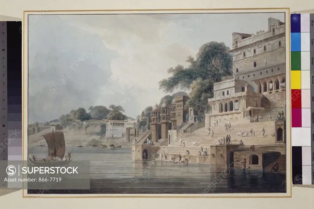 Dasasvamedha Ghat, Benares (Varanasi), Uttar Pradesh. Thomas Daniell, R.A. (1749-1840), Will Daniell, R.A. (1769-1837).  Pencil and watercolour on the artist's original mount, 37.4 x 53.9cm.
