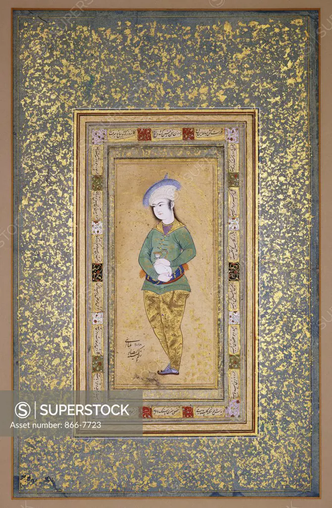 Portrait of a youth. Reza Abbasi (1565-1635). Gouache heightened with gold on paper, miniature, mid-seventeenth century, 15.8 x 7cm.