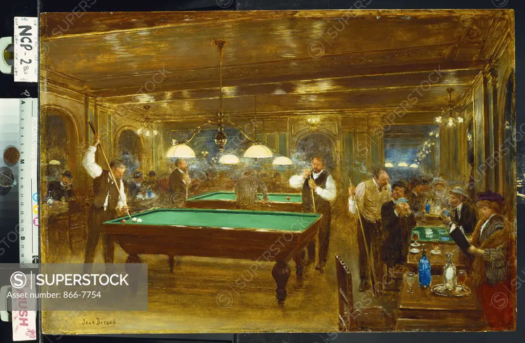 Billiards; Le Billard. Jean Beraud (1849-1935). Oil on panel, 37.4 x 55.3cm.
