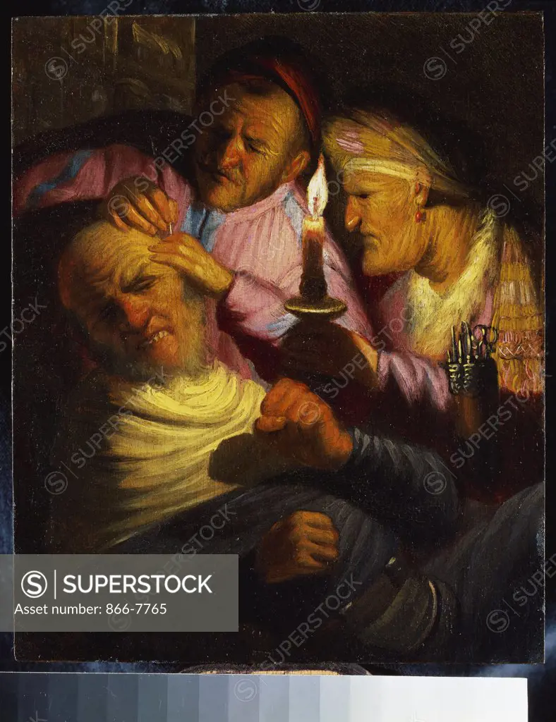 The Sense of Touch: The Stone Pperation. Rembrandt Harmensz. van Rijn (1606-1669). Oil on panel, 21.6 x 17.7cm.