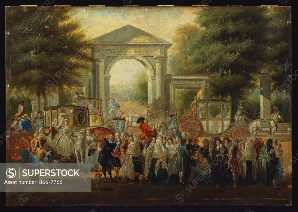 Elegant Ladies, Courtiers,  Priests and Soldiers congregating outside the Portalada de Villanueva of the Jardin Botanico on the Prado de San Jeronimo, Madrid. Luis Paret y Alcazar (1746-1799). Oil on panel, 41.5 x 59.2cm.