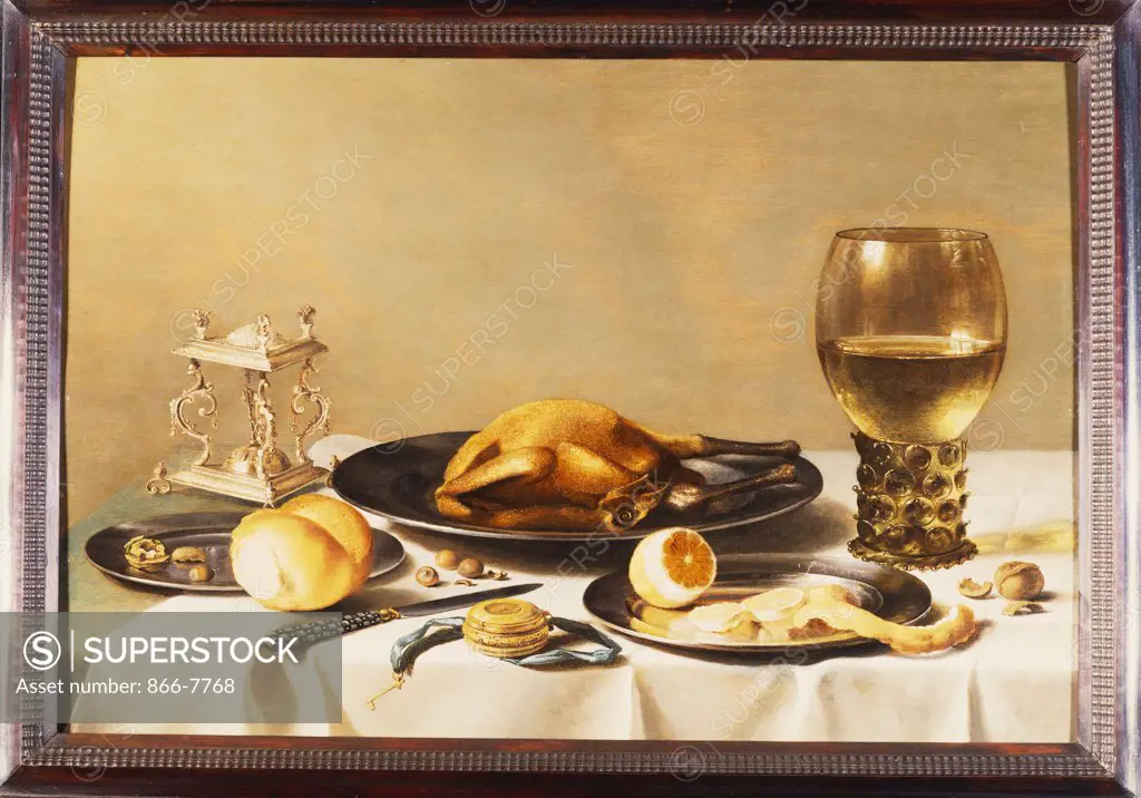 A Still Life with a Roemer, a Salt Cellar, a Plucked Chicken and a Peeled Lemon on Pewter Plates, a Verge Watch and a Bread Roll on a Draped Table. Pieter Claesz (1597-1660). Dated 1630, oil on panel, 49.5 x 73.6cm.