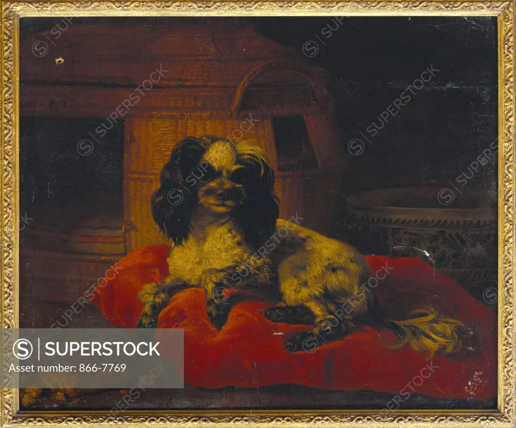 A Spaniel on a Cushion with a Dog Basket and a Porcelain Bowl. Attributed to Giacomo Ceruti, il Pitocchetto (1698-1767). Oil on canvas, 50.5 x 60.5cm.