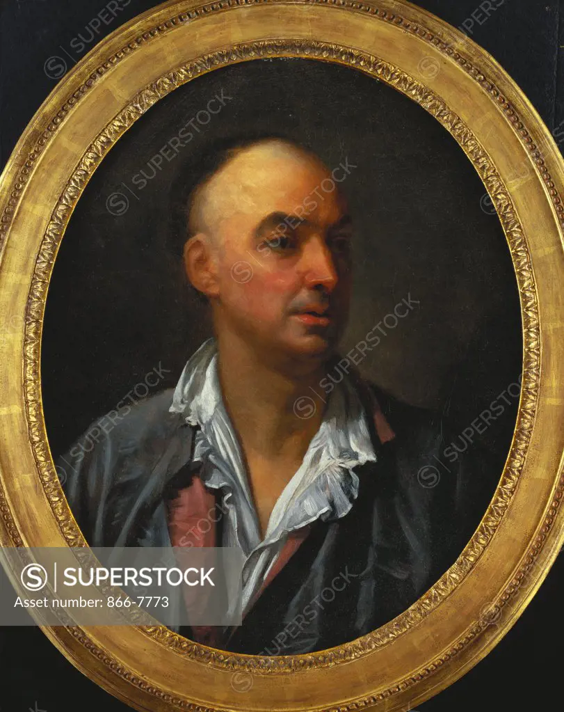Portrait of Denis Diderot, bust-length, wearing an open, lace-collared, shirt and jacket. Jean-Baptiste Greuze (1725-1805). Oil on  oval canvas, 60.3 x 49cm.