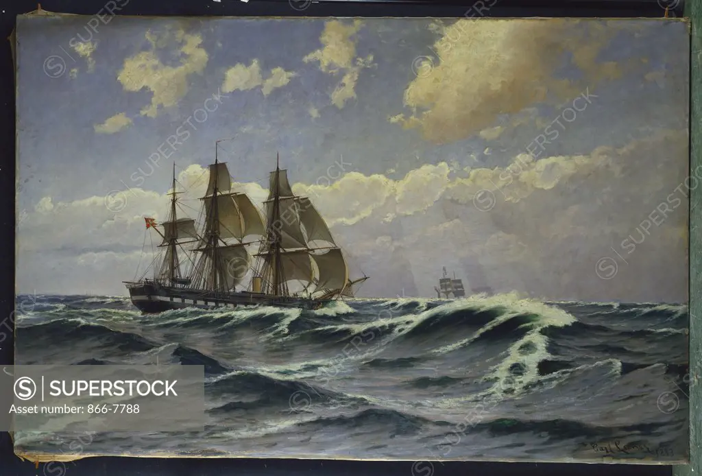 A Sailing Ship in a Heavy Swell. Carl Locher (1851-1915). Dated 1883, oil on canvas, 158.7 x 254cm.