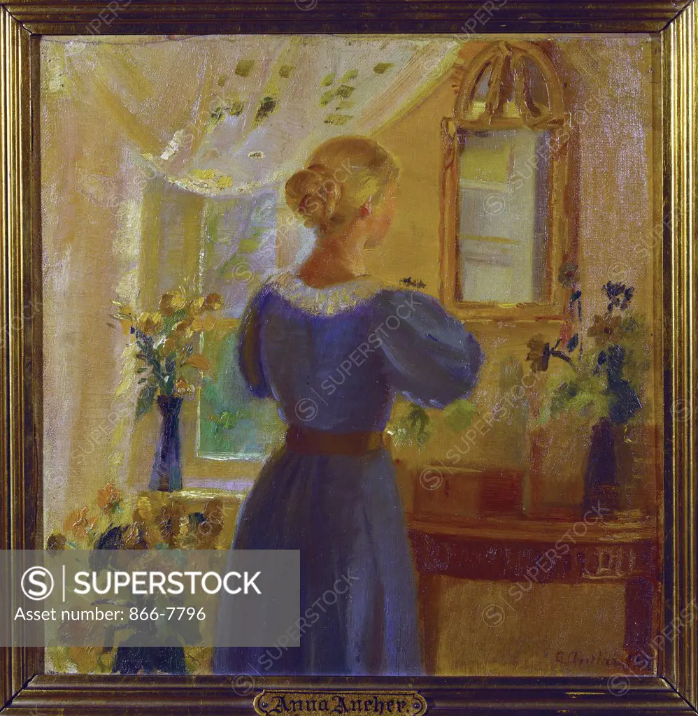 An Interior with a Woman Looking in a Mirror. Anna Ancher (1859-1935). Oil on canvas laid on board, dated 1900, 29 x 28.5cm.