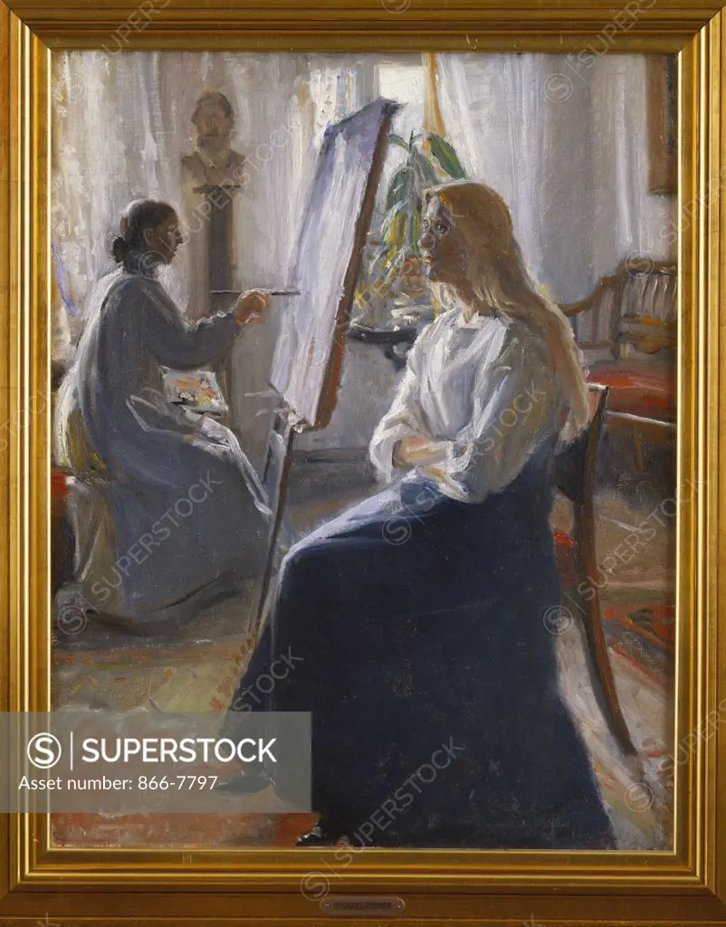 In The Studio; Anna Ancher, the Artist's Wife Painting.  Michael Ancher (1849-1927). Oil on canvas, 58.5 x 46cm.