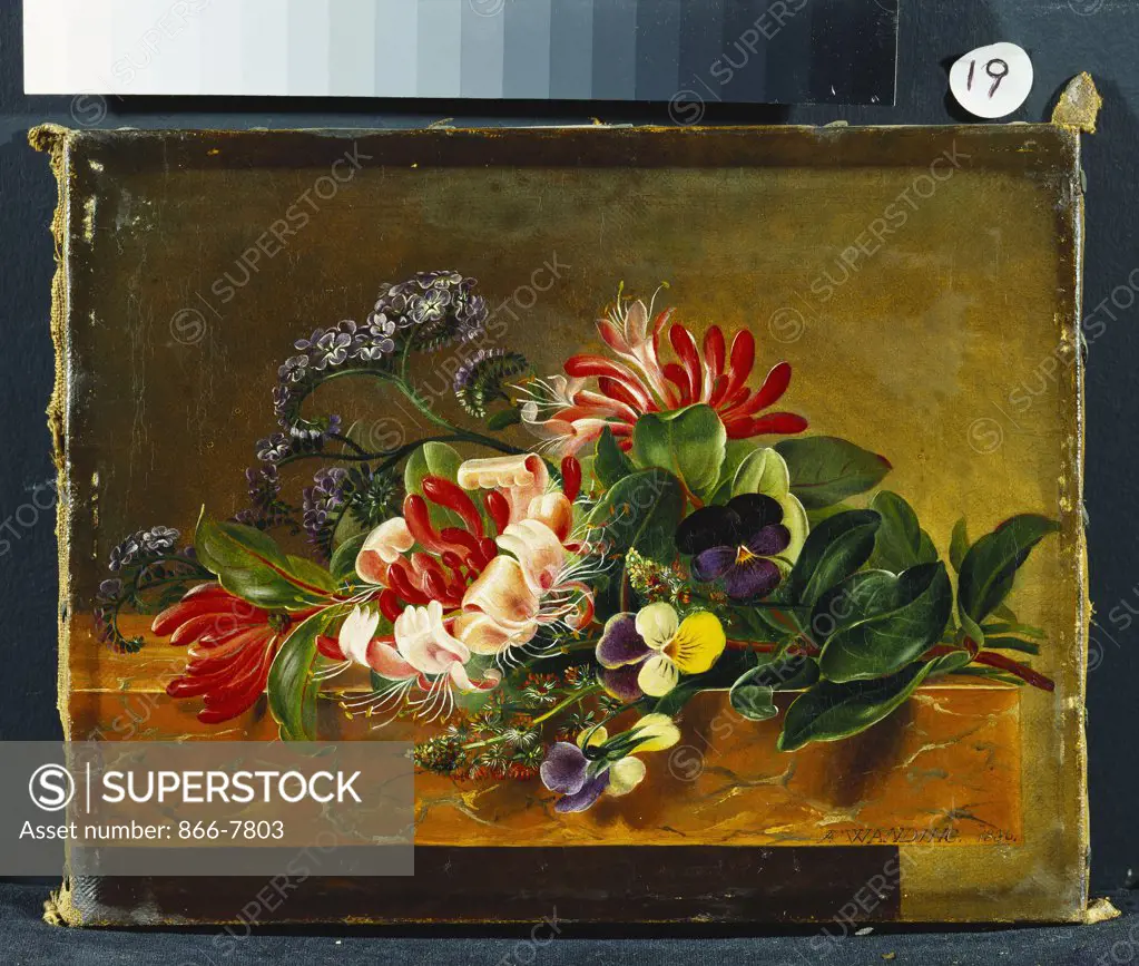 Pansies and Honeysuckle on a Marble Ledge. Olivia Sophie Frederikke Wanding (1814-1878). Dated 1846, oil on canvas, 18.4 x 23.5cm.