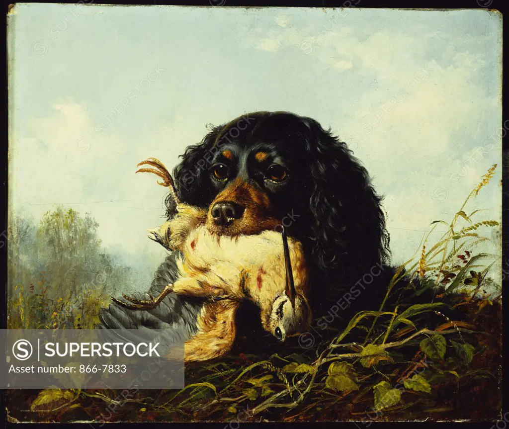 A Cocker Spaniel with a Woodcock. Arthur Fitzwilliam Tait (1819-1905). Dated 1868, oil on board, 25.4 x 30.5cm.