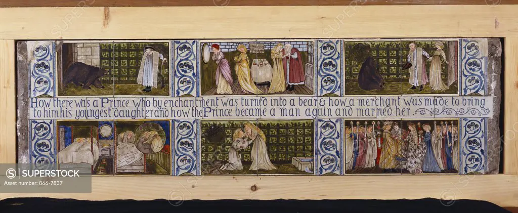 Beauty and the Beast', a rare and important Morris, Marshall, Faulkner & Co. Tile panel, designed by Sir Edward Burne-Jones (1833-1898) and hand painted by Lucy Faulkner (1839-1910). Six scenes illustrating the fairy tale. Morris, Marshall, Faulkner & co. 35.8cm x 122cm.