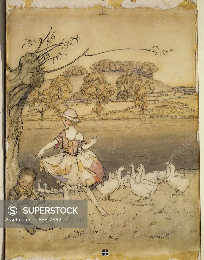 An Illustration to 'English Fairy Tales': Tattercoats Dancing while the Gooseherd Pipes.  Arthur Rackham (1867-1939).  Pen and black ink and watercolour on card, 10 1/2 x 7 1/4.