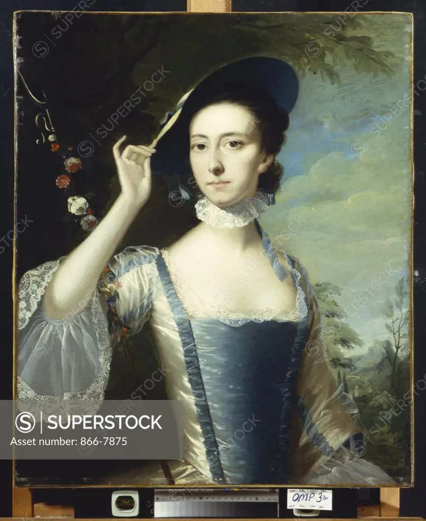 Portrait of a Lady, in a Blue and White Dress, Trimmed with Ribbons, and a Straw Hat with Blue Ribbons, by a Garland of Flowers, in a Landscape.  Joseph Wright of Derby, A.R.A. (1734-1797). Oil on canvas, 76.2 x 63.5cm.