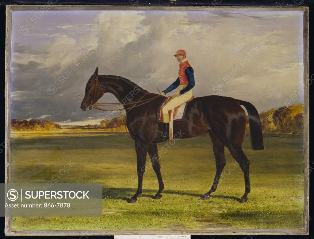The Earl of Chesterfield's Filly 'Industry', with W. Scott up, in a Landscape.   John Frederick Herring, Snr. (1795-1865). Dated 1838, oil on canvas, 33.7 x 44.5cm.