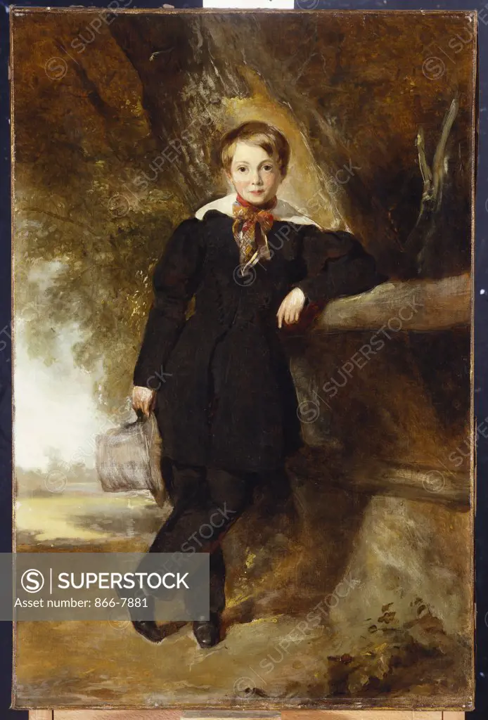 Portrait of a Boy, possibly a member of the Stirling Family, full length, in a Dark Jacket and Trousers,  a White Shirt and Check Stock, Holding a Top Hat in his Hand, in a Landscape. William Owen (1769-1821). Oil on canvas, 76.5 x 50.5cm.