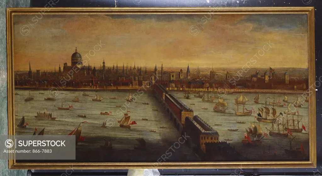 A Panoramic View of the River Thames and the City of London taken from the South Bank at Southwark  with Old London Bridge and the Pool of London.  English school. Oil on canvas.