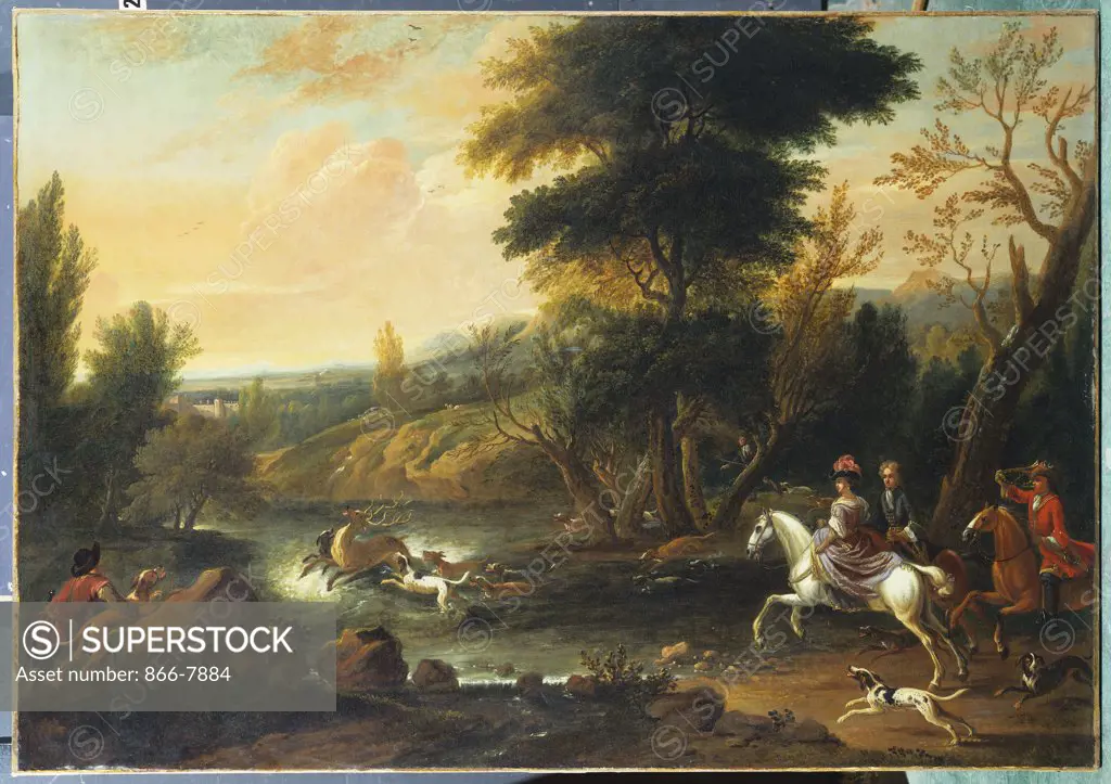 Hounds Bringing Down a Stag in a River. Jan Wyck (c. 1640-1702). Oil on canvas, 89.5 x 128cm.