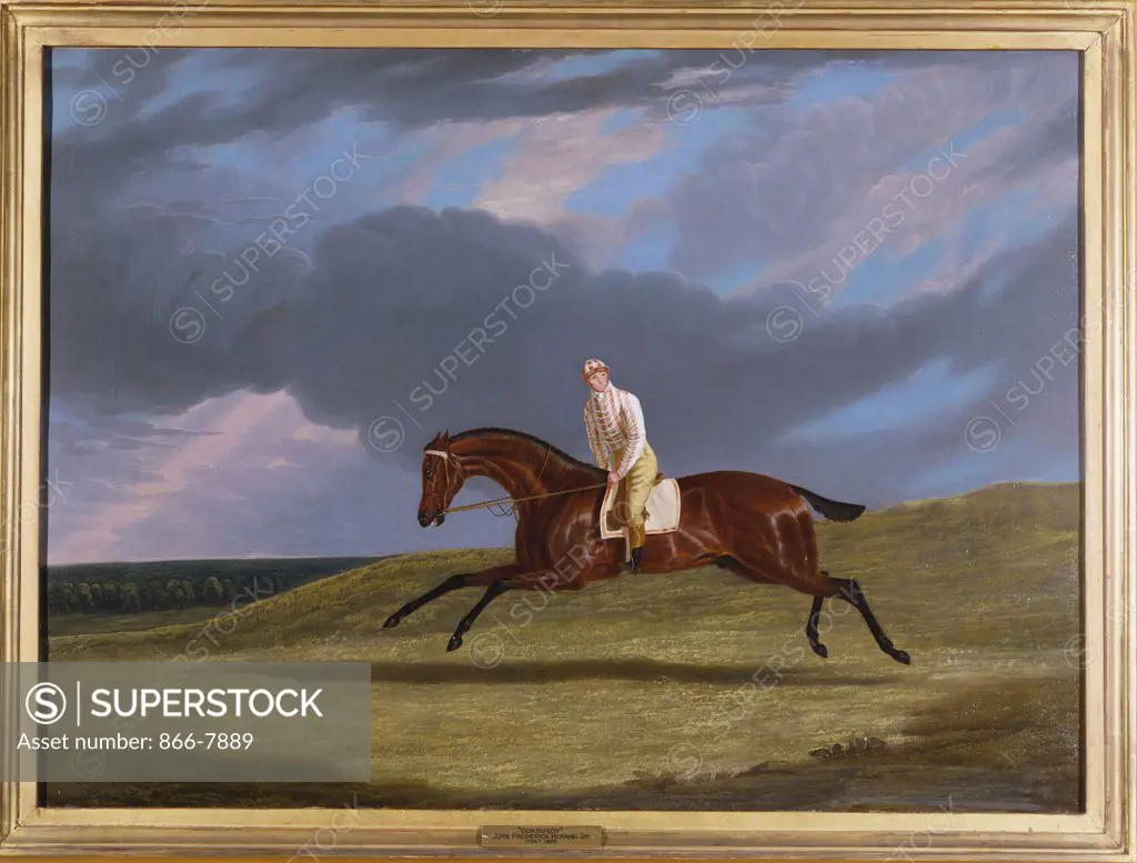 Corduroy', a Bay Racehorse, with a Jockey Up, Galloping on a Racecourse. John Frederick Herring, Snr (1795-1865). Oil on canvas, 55.8 x 76.2cm.