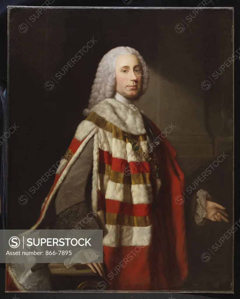 Portrait of a Nobleman, thought to be James, 8th Earl of Moray, Standing three-quarter length, in Peer's Robes, his Hand Resting on a Column. Allan Ramsay (1713-1784). Oil on canvas, 127 x 101cm.