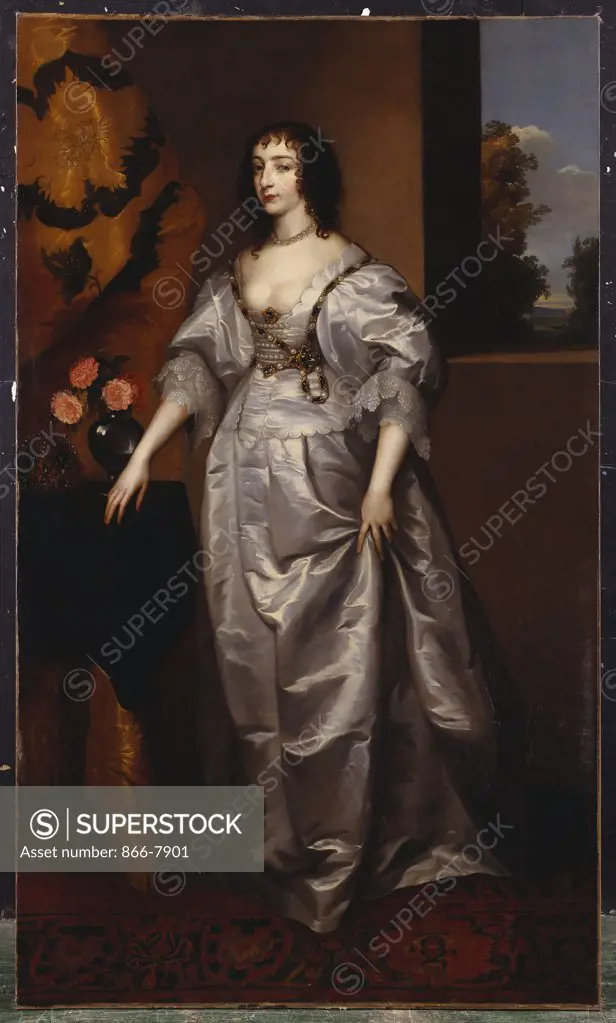 Portrait of Queen Henrietta-Maria, Full Length Wearing a Grey Satin Dress, by a Table, with a Crown and a Vase of Roses in an Interior, a Landscape through a Window Beyond.  Follower of Sir Anthony van Dyck. Oil on canvas, 205 x 121.3cm.