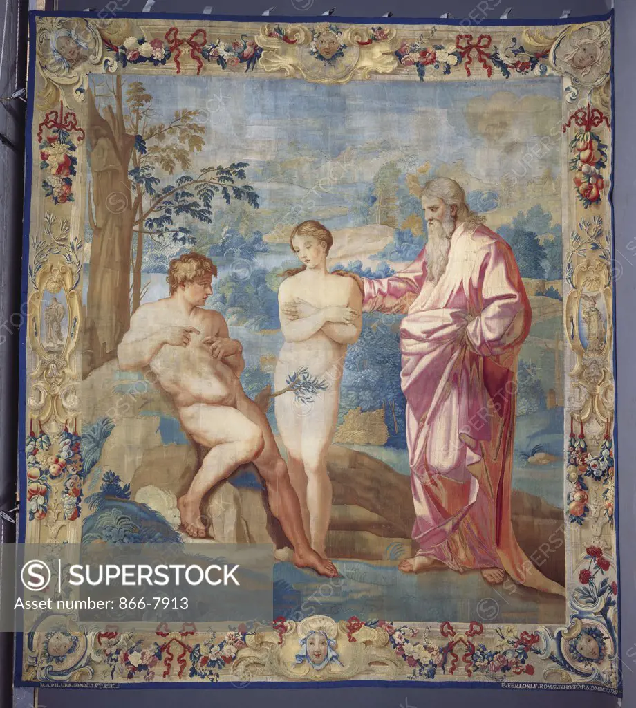 A Roman San Michele a ripa tapestry of the Creation of Eve by Pietro Ferloni after Raphael, woven in wools and silks, depicting Eve flanked by Adam and God within a wooded hilly landscape. Inscribed A.D. MDCCXXXIV, 404cm x 356cm.