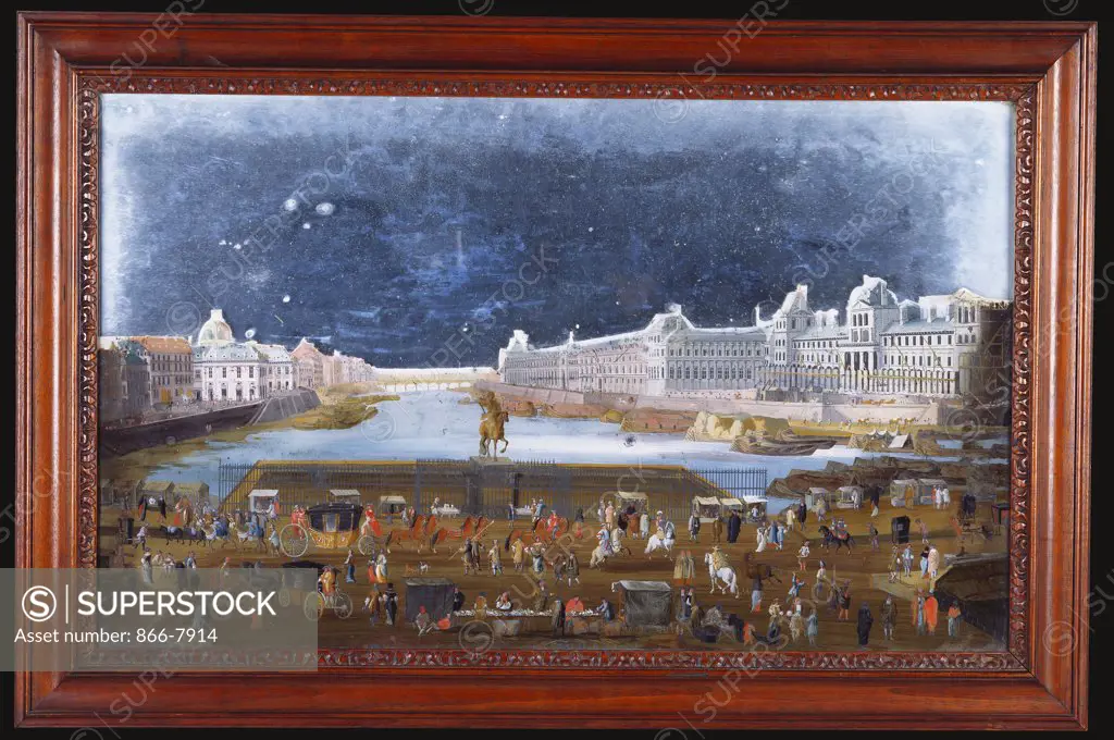 A French reversed painted mirror, depicting the construction of the Palais du Louvre. 18th century, 51cm x 75cm.