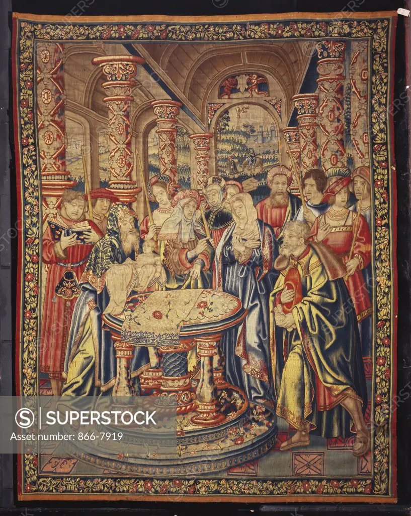 A late Gothic Tournai Biblical tapestry, woven in wools and silks, depicting the Presentation in the Temple. In the manner of Bernard van Orley (c.1488-1541). Early 16th century, 297cm x 231cm.