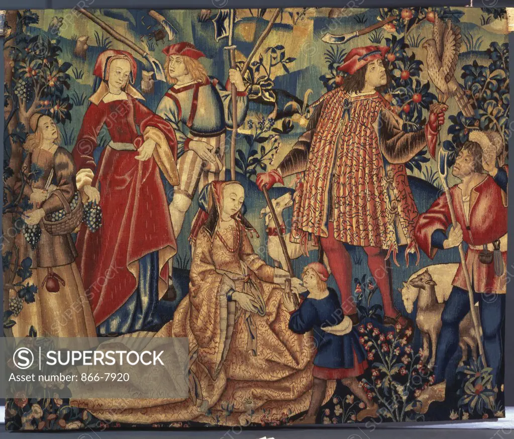 A Tournai Falconry Tapestry, depicting a Seated Noblewoman being Presented with a Dove by a Page, with her, a Falconer with a Hawk on a Glove. Circa 1490, woven in silks and wools, 204 x 252cm.
