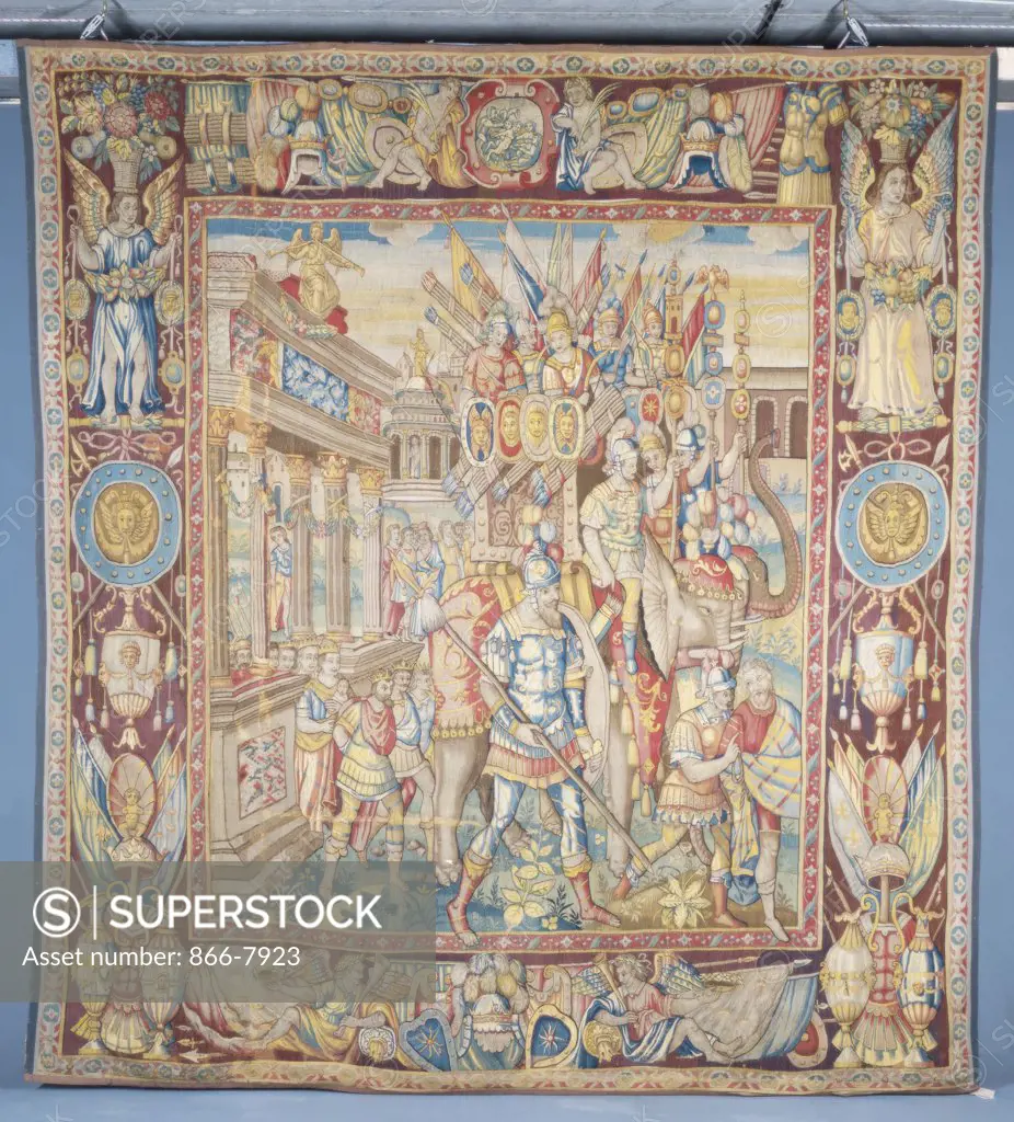 A Bruges tapestry, woven in wools and silks, depicting a Triumphal procession. Mid 16th century, 345 x 316cm.