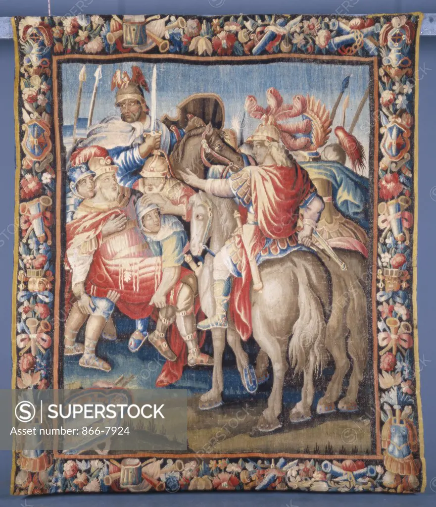 A Louis XIV Aubusson tapestry, woven in wools and silks, depicting a scene from the story of Alexander the great. 269 x 231cm.
