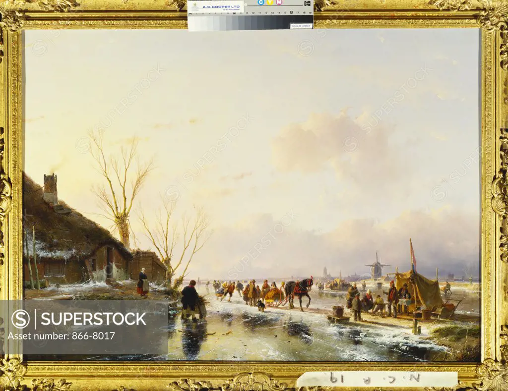 Skaters by a Booth on a Frozen River.  Andreas Schelfhout (1787-1870). Dated 1850, oil on panel, 55 x 74.5cm.