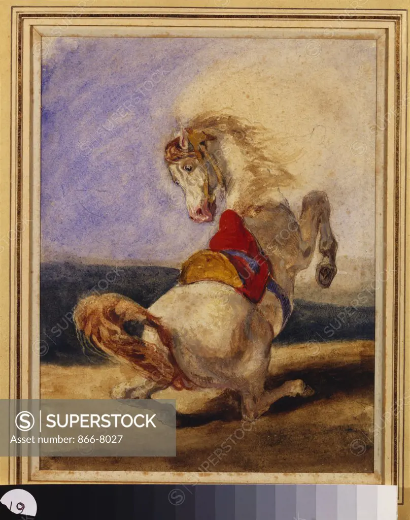 Rearing Horse; Cheval Cabre.  Attr. to Eugene Delacroix (1798-1863). Pencil and watercolour, 222 x 177mm.