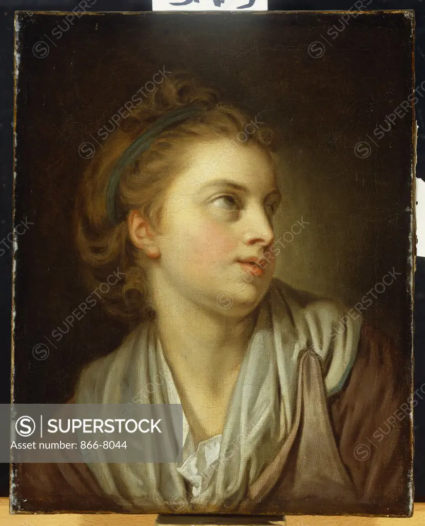 A Girl, bust length, with a Green Hairband, looking Up.  Attr. to Jean-Baptiste Greuze (1725-1805). Oil on canvas, 42.5 x 34cm.