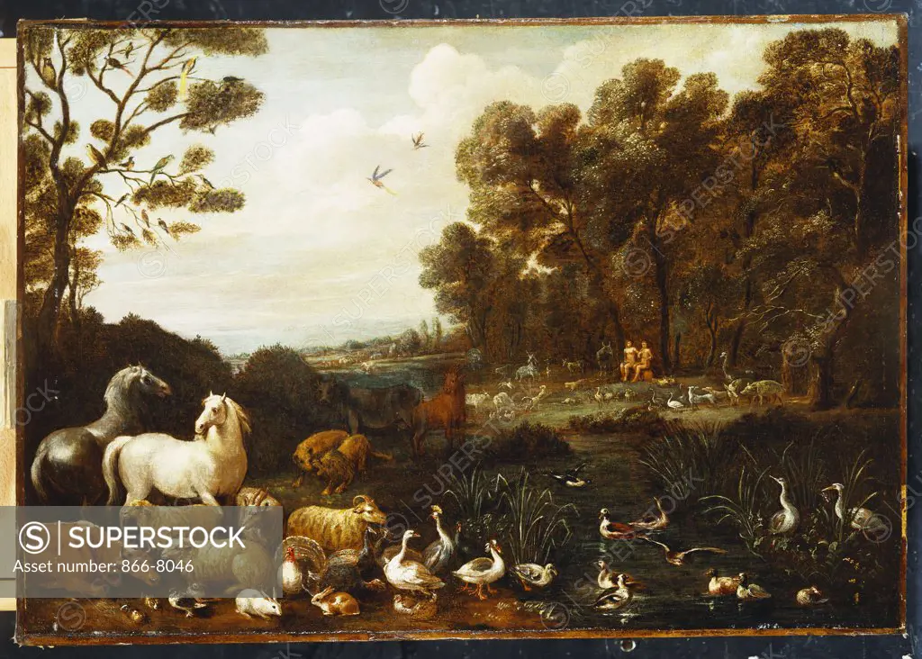 The Garden of Eden.  Lambert de Hondt (bef.1655-aft.1678). Oil on canvas, 42.5 x 74.6cm.