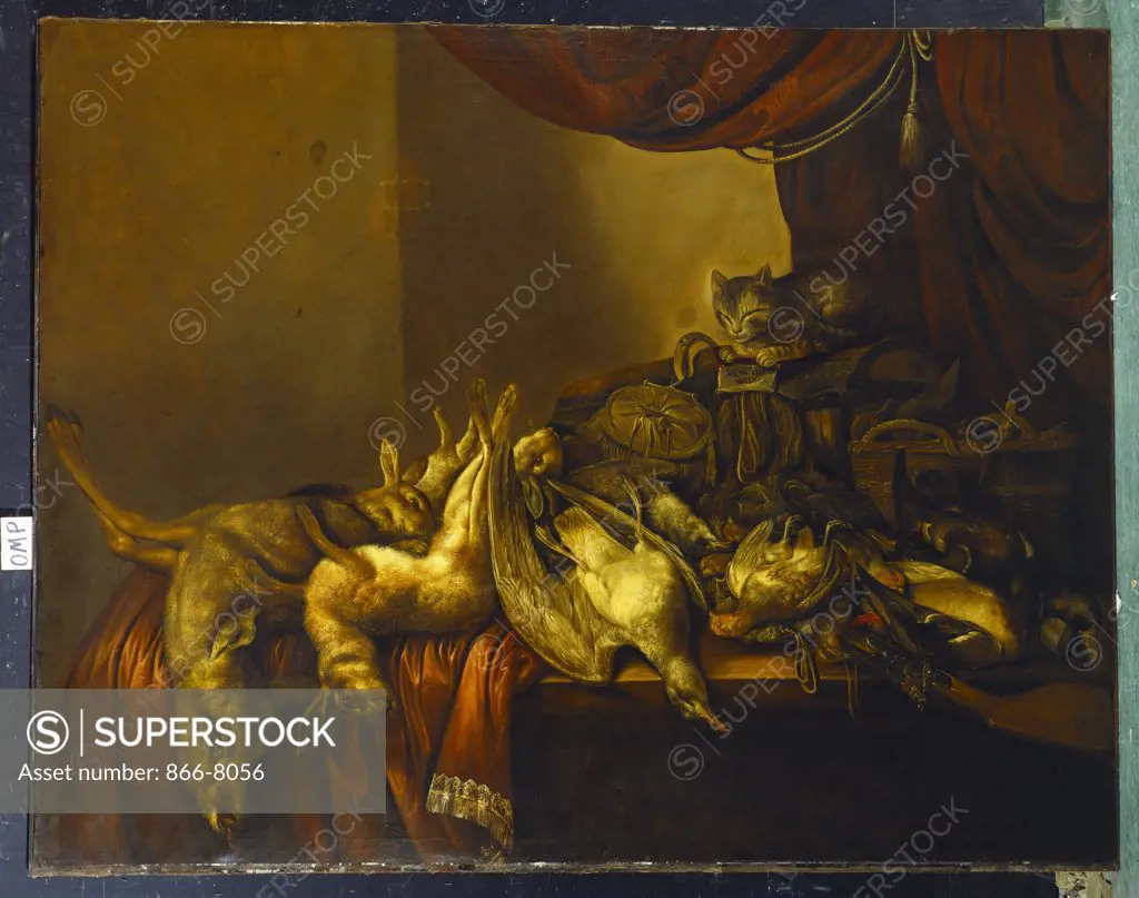 A Cat Watching Over Dead Game on a Draped Ledge.  Cornelis Willemsz Eversdijck (fl. 1613-1635). Oil on panel, 162.9 x 206.6cm.