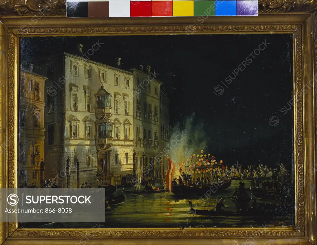 View of Venice with Fireworks; Vue de Venise sous un Feu d'Artifice. Carlo Grubacs (c.1820-70). Oil on canvas, 22 x 31cm.