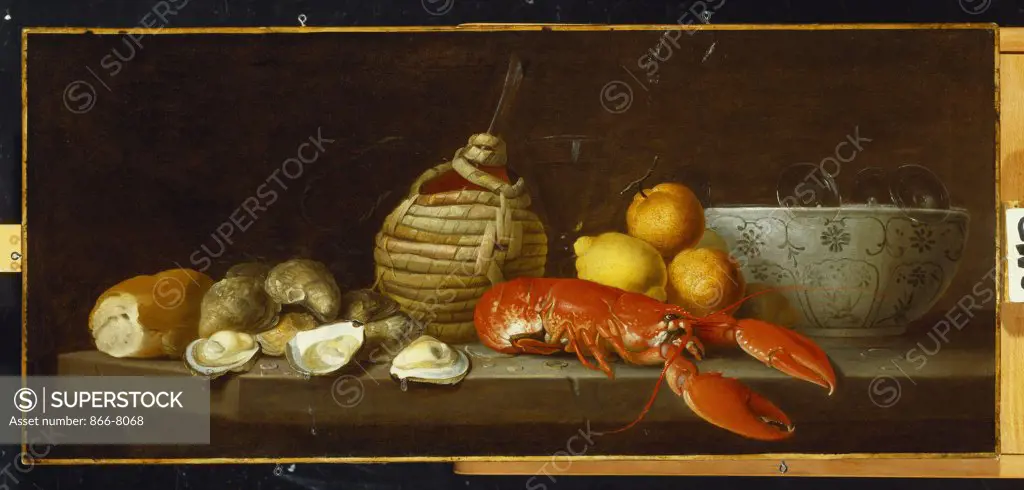 Bread, Oysters, a Chianti Flask, a Lobster, Lemons, Oranges and Glasses in a Porcelain Bowl on a Ledge. Jakob Bogdany (1660-1724). Oil on canvas, 47 x 104.4cm.